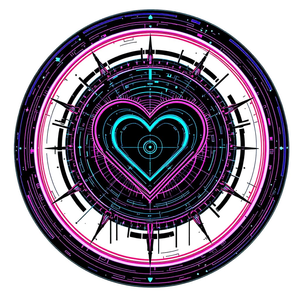 AI generated: A cyber punk unique  emblem in a circle with a heart in the middle on a white background