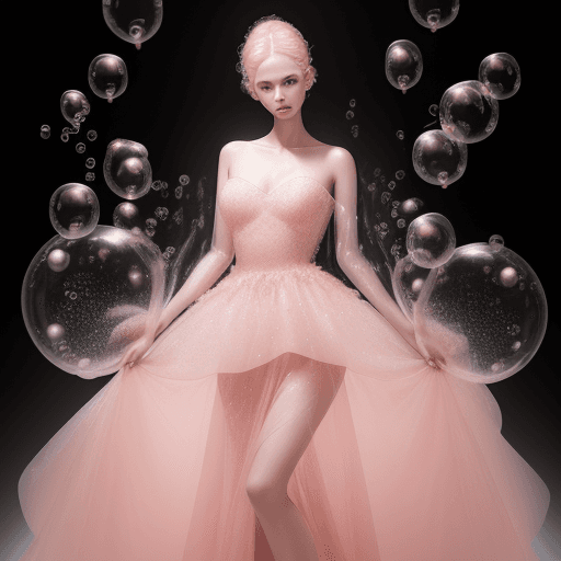 AI generated: fashion editorial photo of a model with a lot of bubbles in light pink evening dress poses in photos...