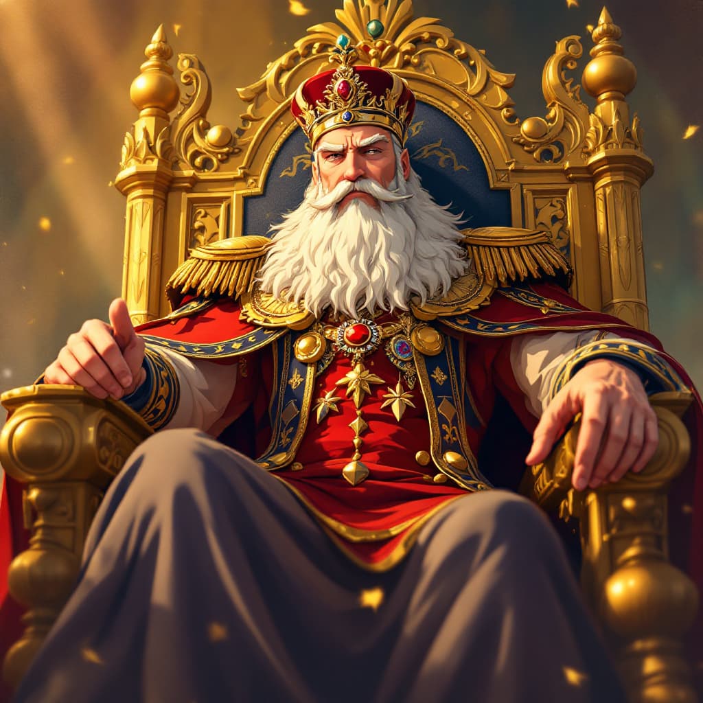 AI generated: ghibli style, A stunning anime-style illustration of a regal king sitting on an ornate golden throne...