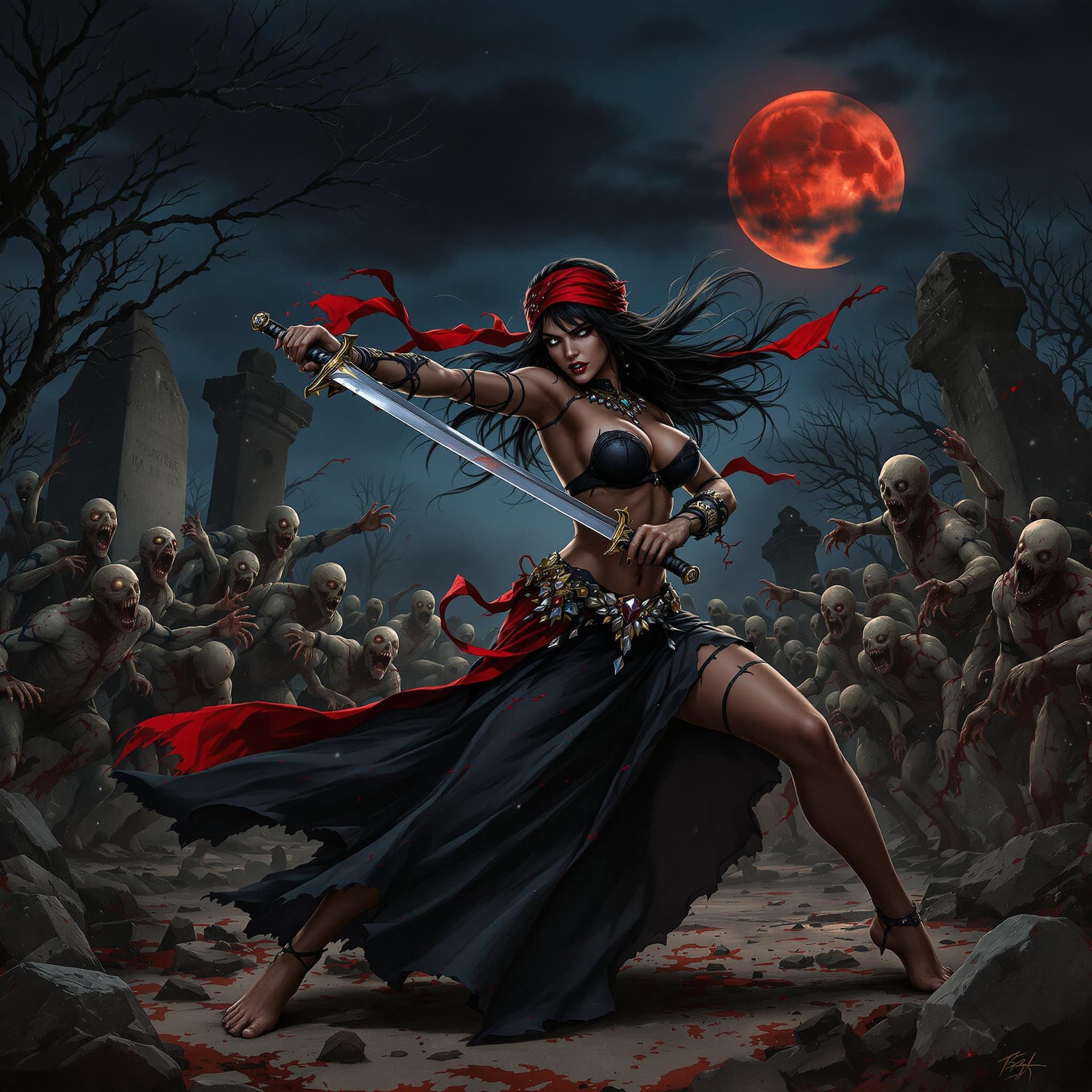 AI generated: A photorealistic and detailed scene of a woman, long black hair, red bandana, black bejeweled bra, a...