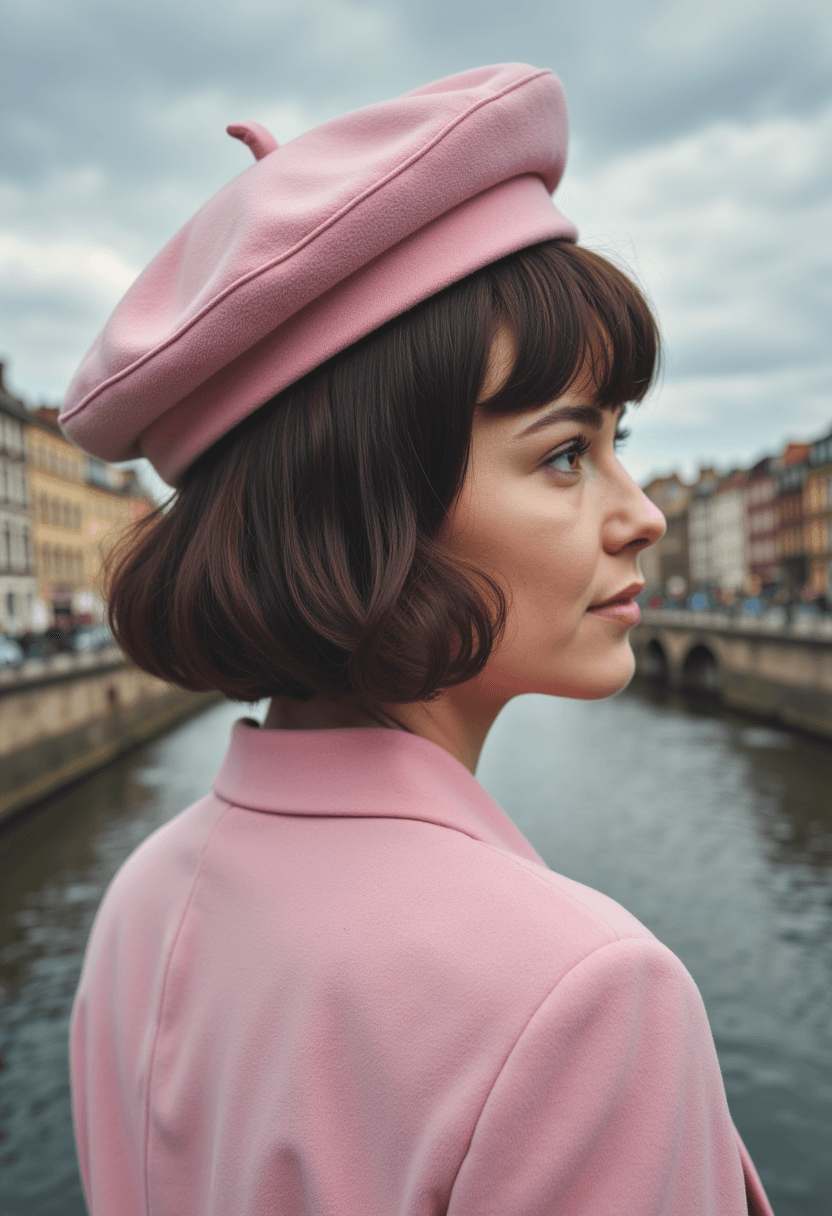 AI generated: A woman with short brown hair and a fringe bangs stands in the foreground, gazing off to her left. S...