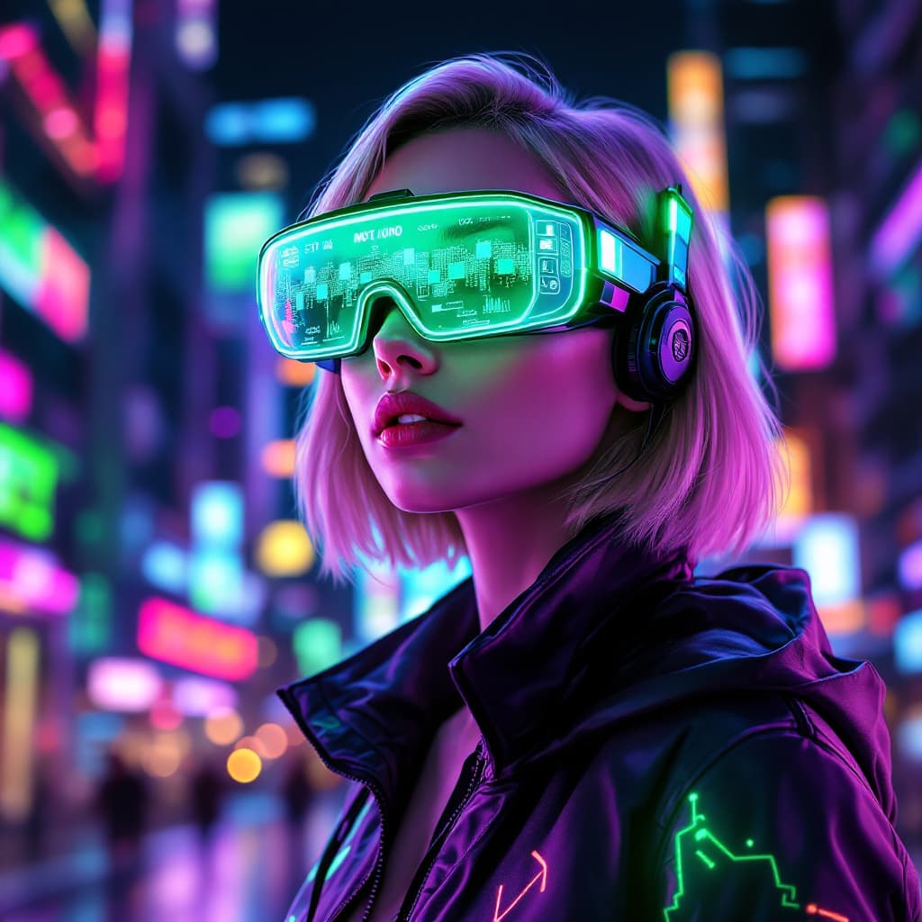 AI generated: A futuristic digital illustration features a woman wearing augmented reality glasses in a vibrantly ...