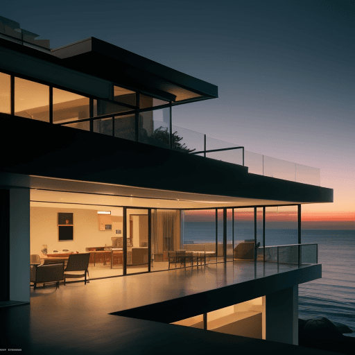 AI generated: Hyper realistic eye level exterior photo of a mid century-modern style house overlooking the ocean w...
