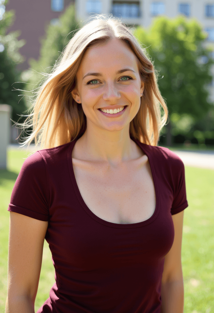 AI generated: A woman stands outdoors in a city park on a warm summer day, looking directly at the viewer with a b...