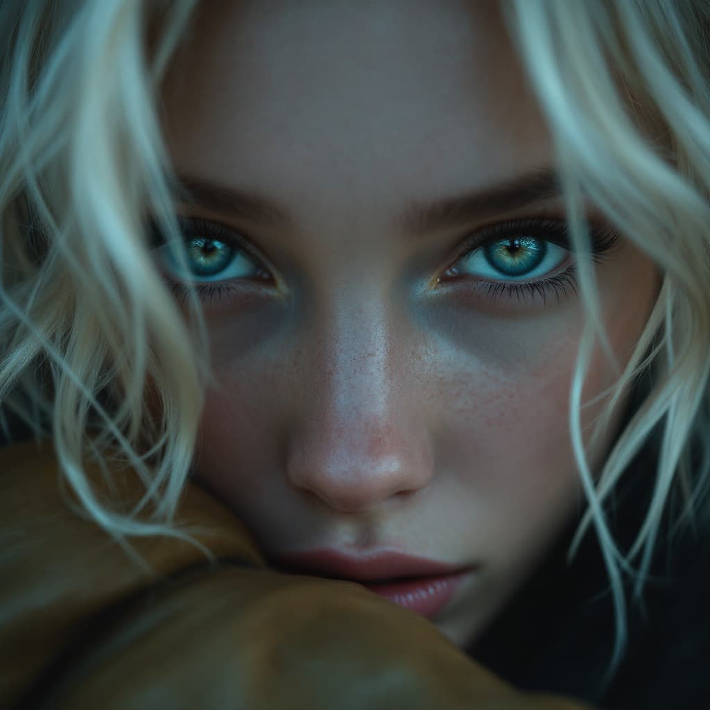 AI generated: Close-up portrait, young androgynous person, pale skin, vibrant teal eyes, platinum blonde hair, hid...