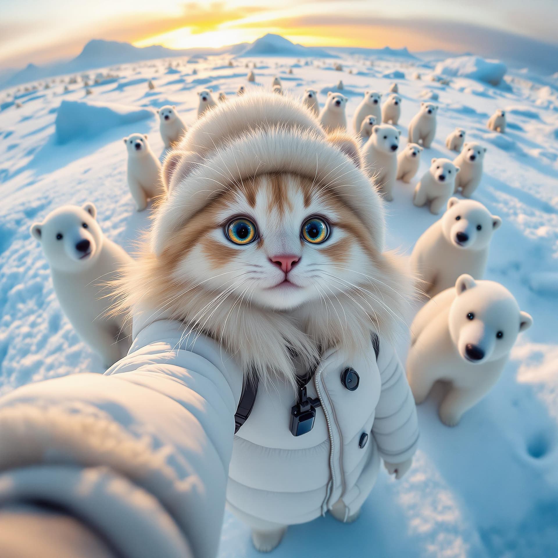 AI generated: anthropomorphic, a cat named  In the snow, there is an ice field with many polar bears standing on i...