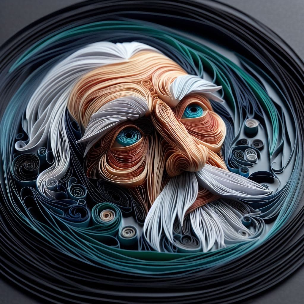 AI generated: paper quilling image of a the face of an old man emerging from dark water, close up view