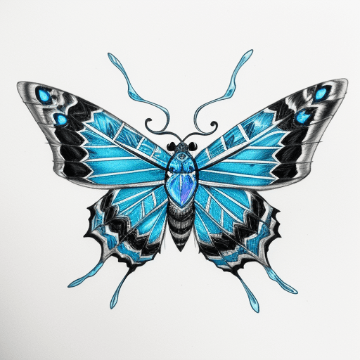 AI generated: crystal moth sitting on skull, ink, splosh, ink on paper, sketch, lineart, blue crystal moth