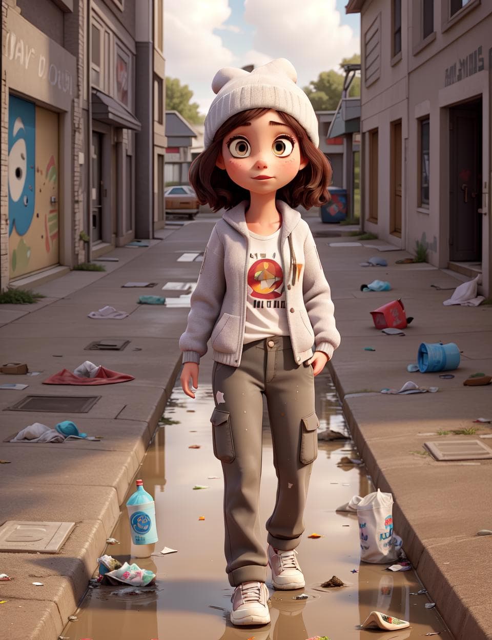 AI generated: masterpiece, best quality, 1girl, walking on sidewalk, hip hop woman, baggy pants, retro, suburban, ...