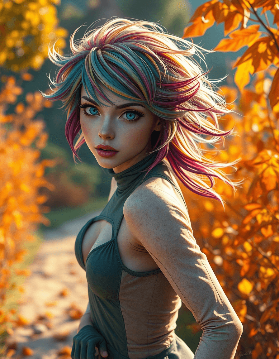 AI generated: beautiful angled view of a species woman from another planet with multicolored hair, beautiful color...