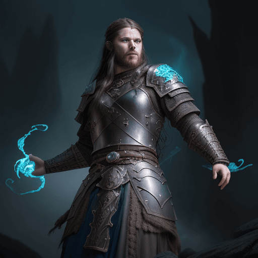 AI generated: A man wearing a viking armor with long dark hair and glowing blue eyes.  and is levitating in the ai...