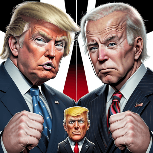 AI generated: create comic book style exaggerated caricatures of donald trump and joe biden, rock em sock em robot...