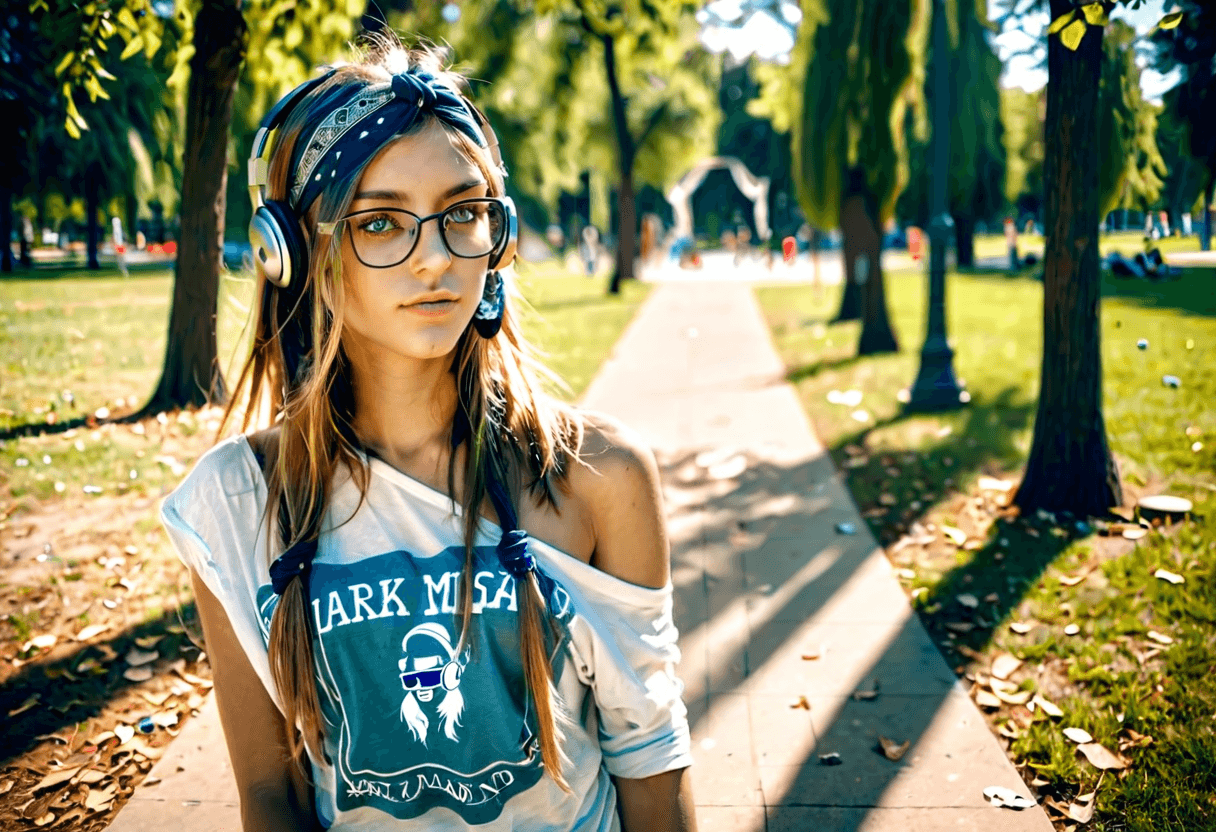 AI generated: woman, long bronze hair, light colored eyes, glasses, bandana in hair, headphones, t-shirt hanging o...