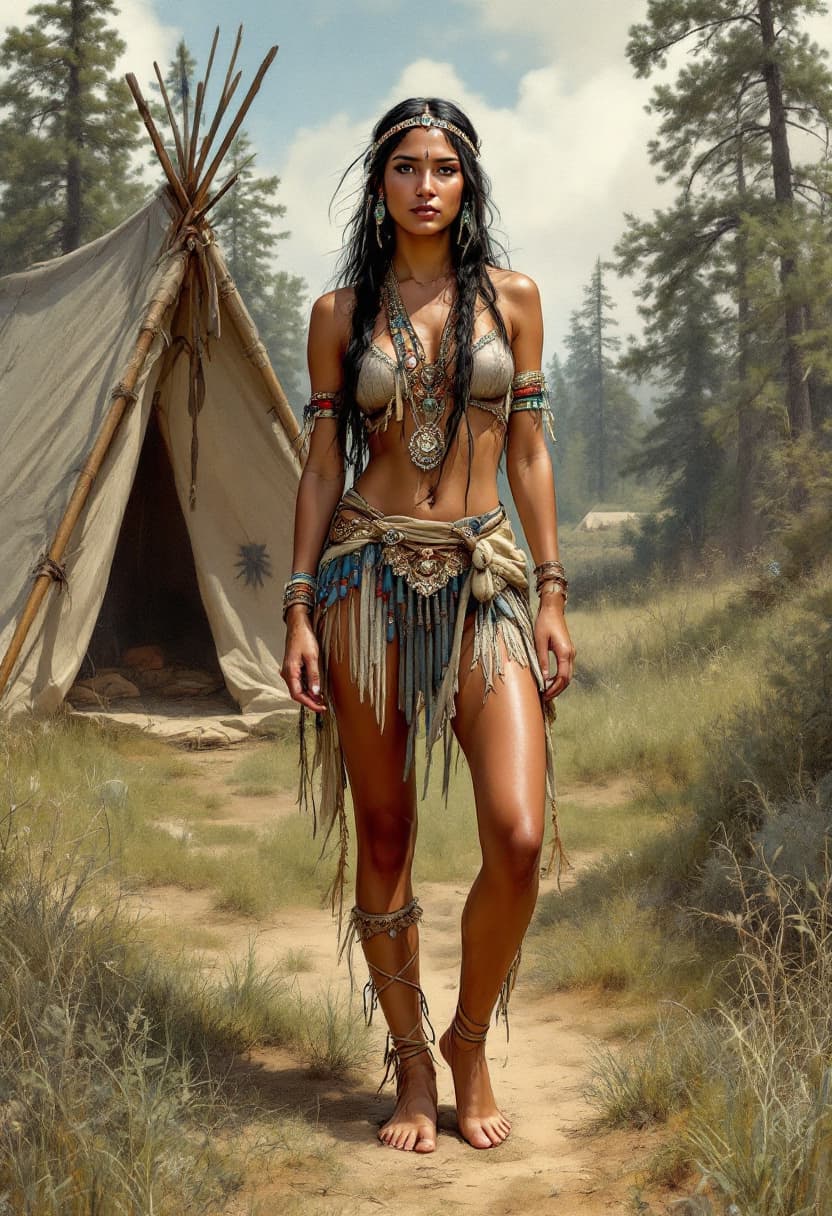 AI generated: Full body view of A half colored draw of a real beautiful  native american  indian woman,no hedgear,...