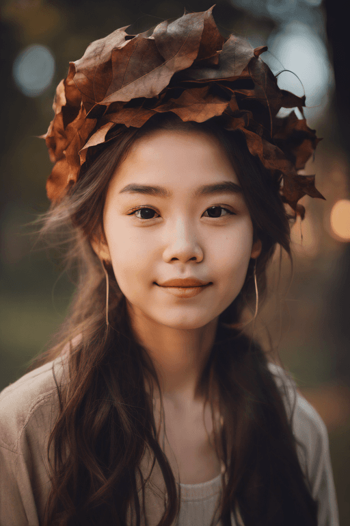 AI generated: minimalism portraitface of smiling girl wearing a too big autumn leaf crown and holding her head hig...
