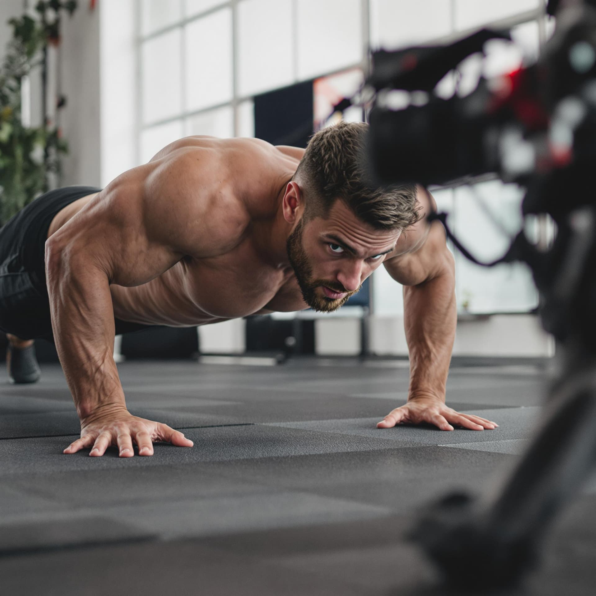 AI generated: man doing push up exercise while looking at camera