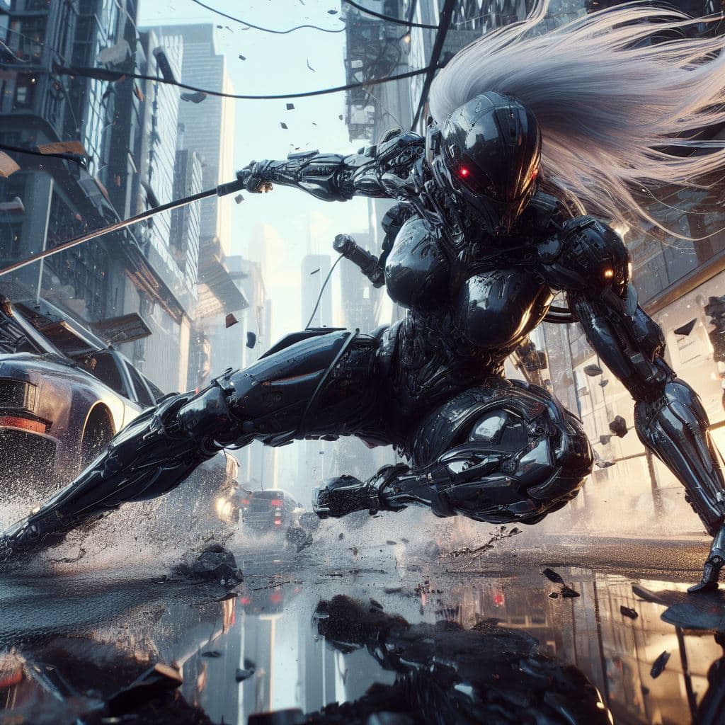 AI generated: urbanpunk, low angle shot, a mech pretty female cyborg ninja with dark colored glossy armor bodysuit...