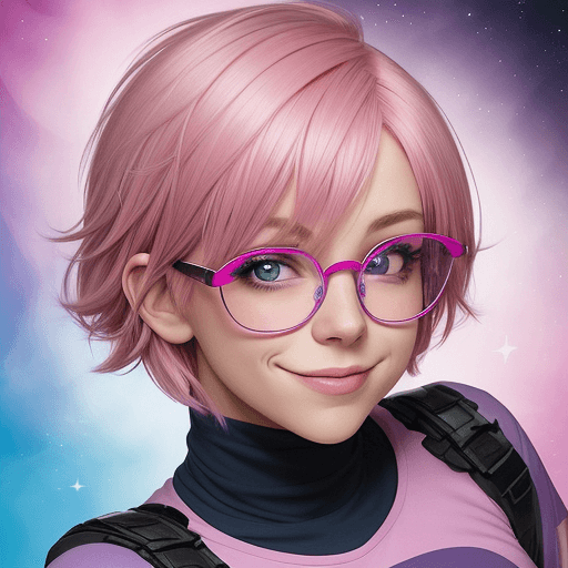 AI generated: A character with short, pinkish hair styled with side bangs, wearing blue glasses. The eyes are a mi...