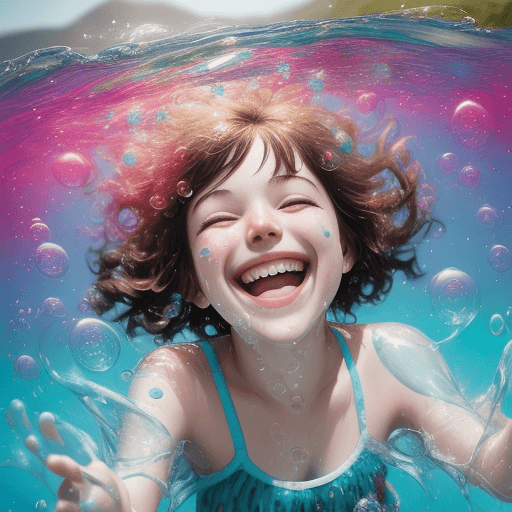AI generated: a girl, laughing, surrounded by  colorful water bubbles
