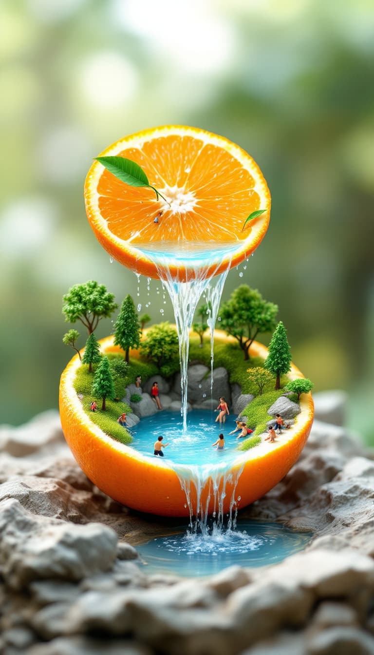 AI generated: Image is a surreal digital artwork featuring a halved orange, with the top half positioned above the...