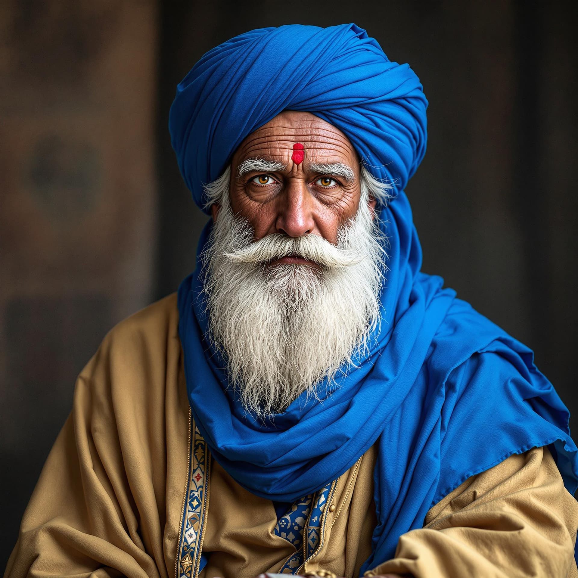 AI generated: sage of the middle east,white beard with hard looks and deep hazel eyes full of wisdom. dressed in b...