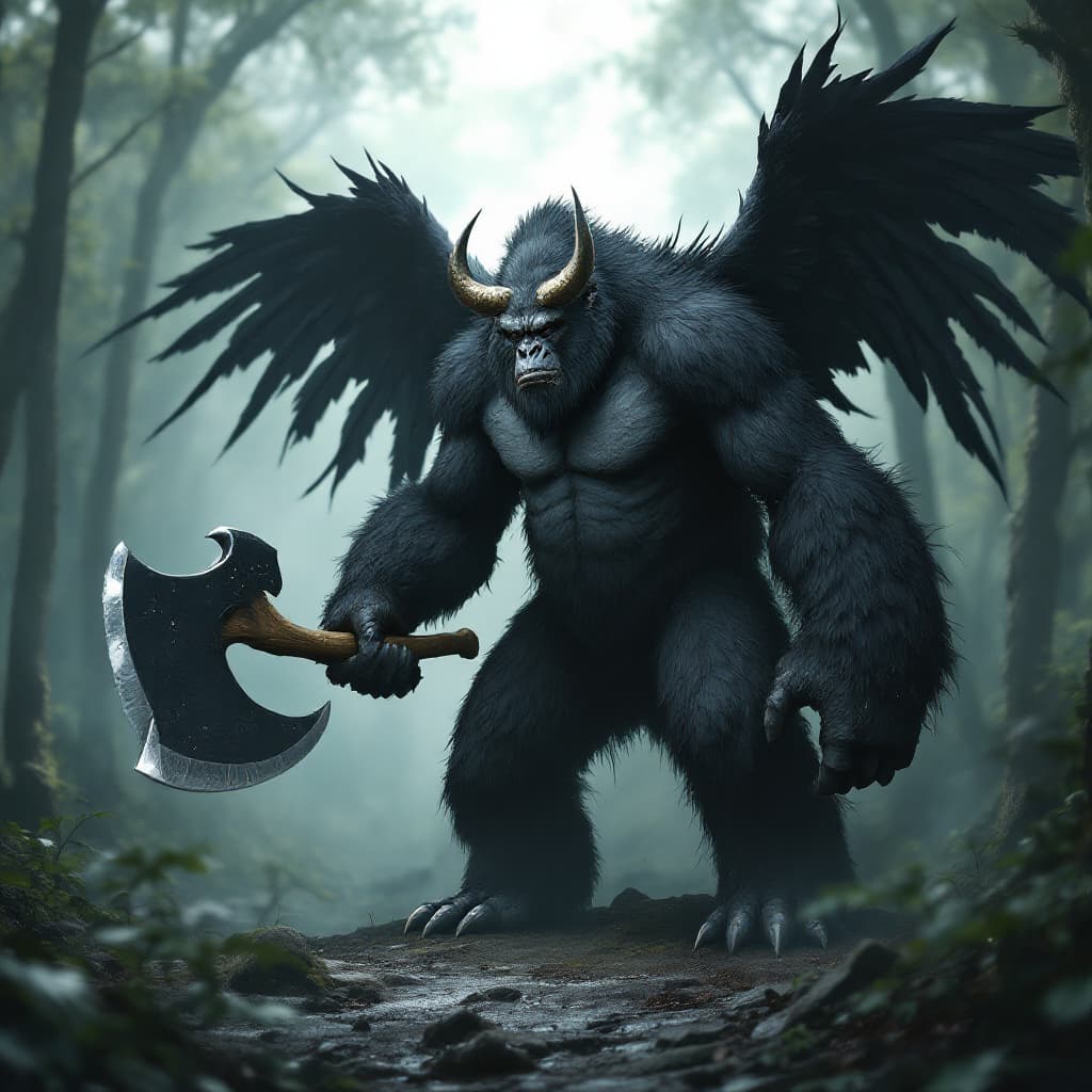 AI generated: A giant gorilla with large, sharp horns protruding from its head. It wields a massive, intimidating ...