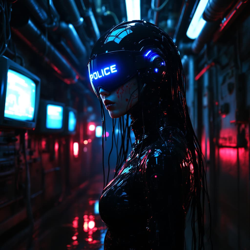 AI generated: 3 quarter angle of a  futuristic cyberpunk humanoid with a sleek black latex bodysuit, wearing a hig...