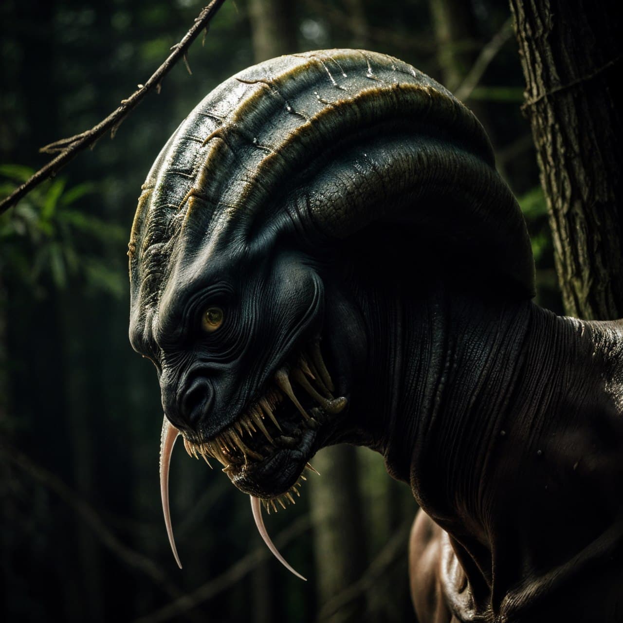 AI generated: epic realistic, Terrifying Alien creature with sharp, elongated limbs, a hideous face with green dea...