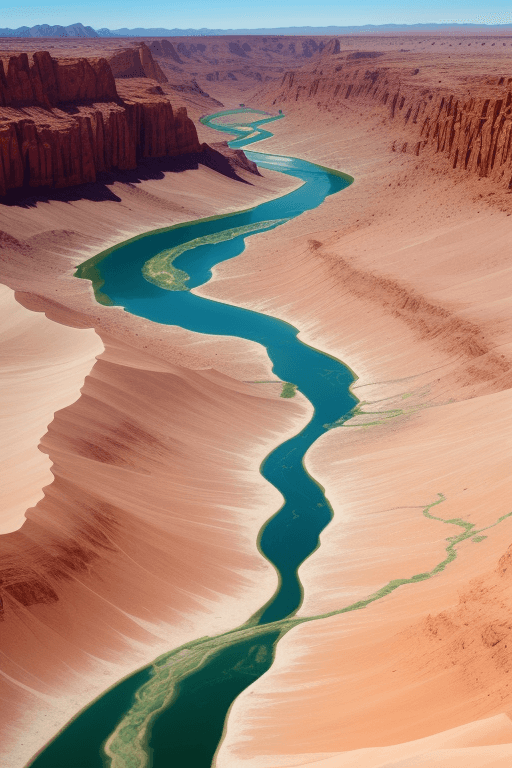 AI generated: A sky view of a colorful lakes and rivers flowing through the desert