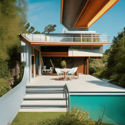 AI generated: Hyper realistic eye level exterior photo of a mid century modern style house overlooking the ocean, ...