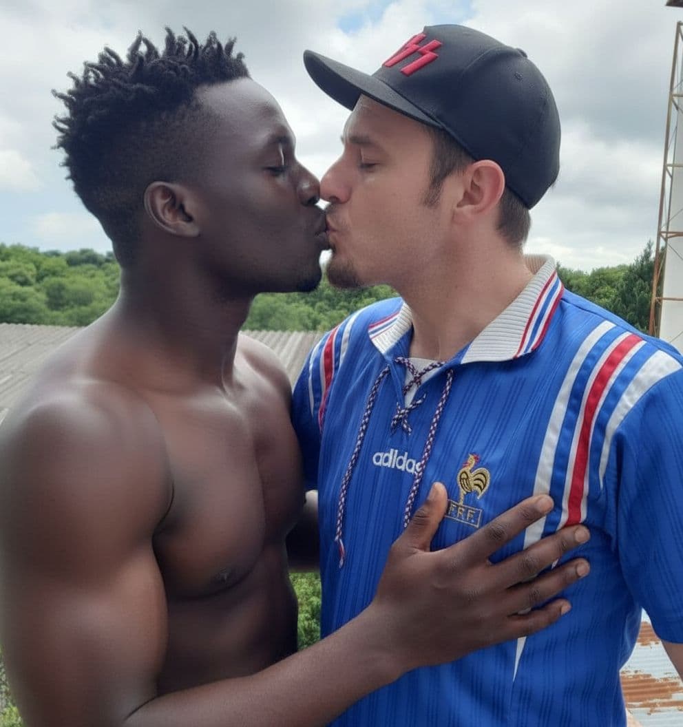 AI generated: She's kissing a black guy while his touching her breast 