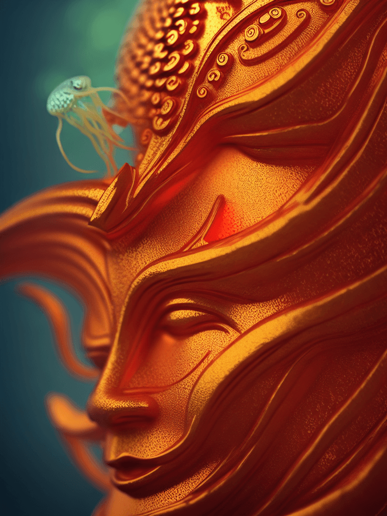 AI generated: Buddha close-up portrait ribcagel. jellyfish phoenix head, nautilus, orchid,  betta fish, bioluminis...