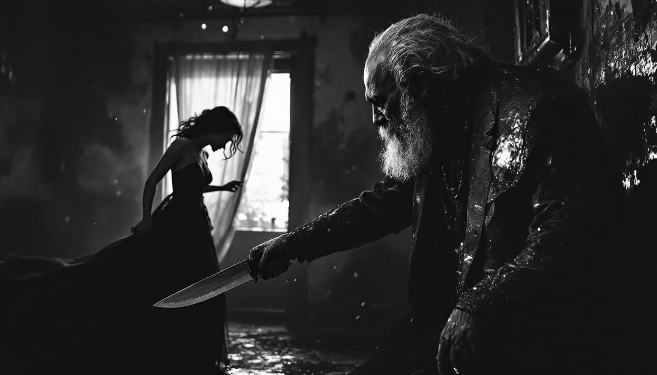 AI generated: black n white - an aged kerela man with a knife in hand attacked a eauropean woman wearing black gow...