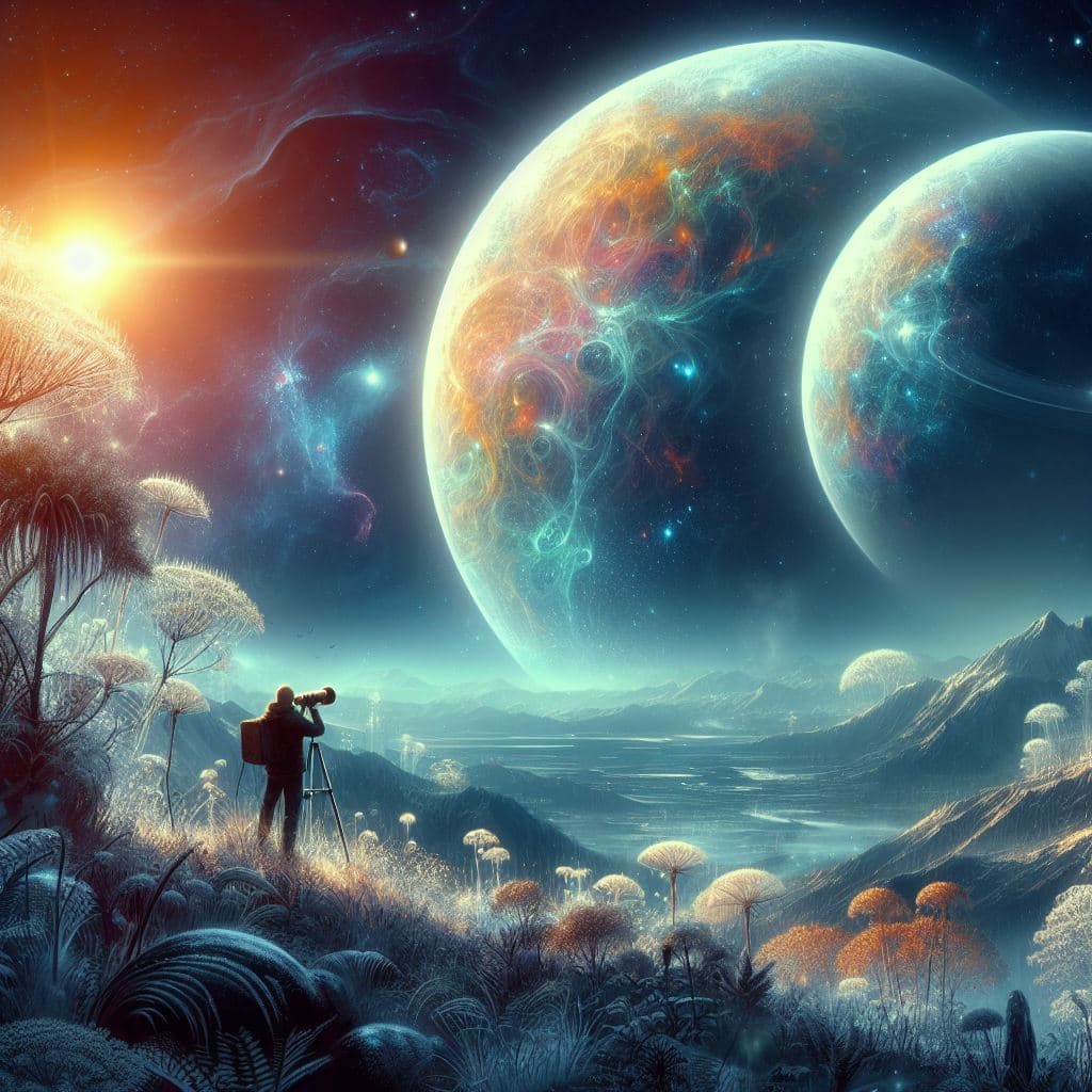 AI generated: on a distant alien planet, sureal beautiful, shiny, glowing, a dying star illuminates the terrestria...