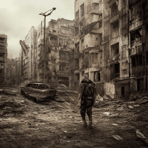 AI generated: High resolution photography, abandon city, Dystopian city, dystopia, human, slave people, war, cybor...