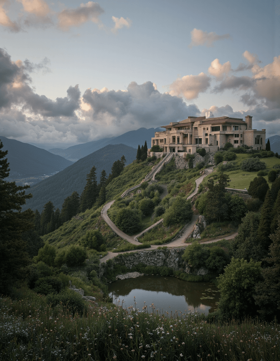 AI generated: Mansion perched on a hill, overlooking a breathtaking landscape, intricate architectural details, pa...