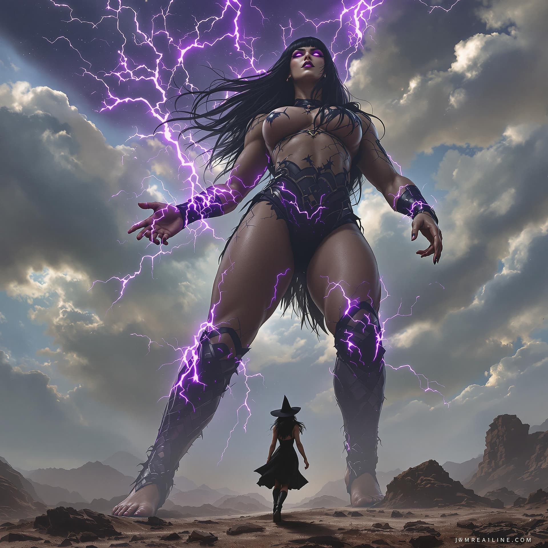 AI generated: enormous giantess female Rhea Ripley from WWE with black medium length hair and straight bangs, bigg...