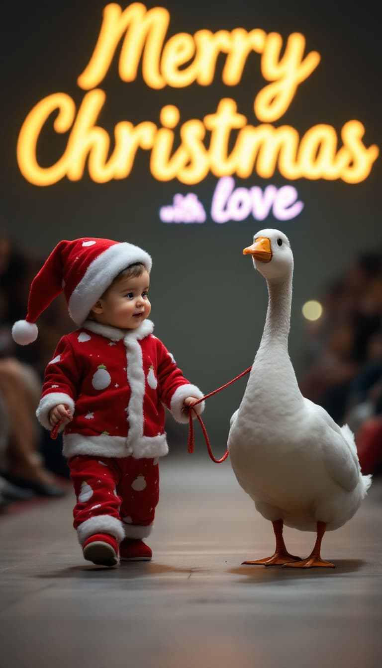 AI generated: A baby girl dressed in santa claus pajamas leads a pet manga geese  on a leash while walking at a Me...
