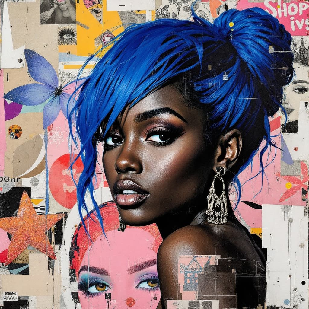 AI generated: black woman with blue hair, in the style of multi-layered collages, edgy street art, celebrity-portr...