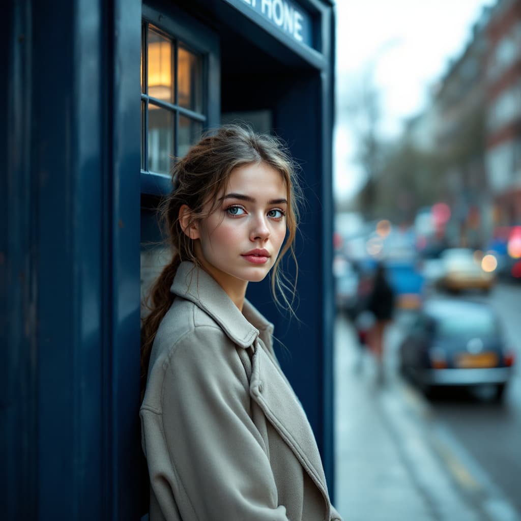 AI generated: Dr.WHO ,pertty young female,she is 30year old, she is stand next to ,60s british police telephone bo...