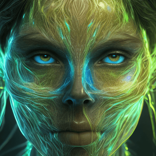 AI generated: green translucent body, blue glowing eyes, bio engineered, covered in glowing veins that pulse with ...