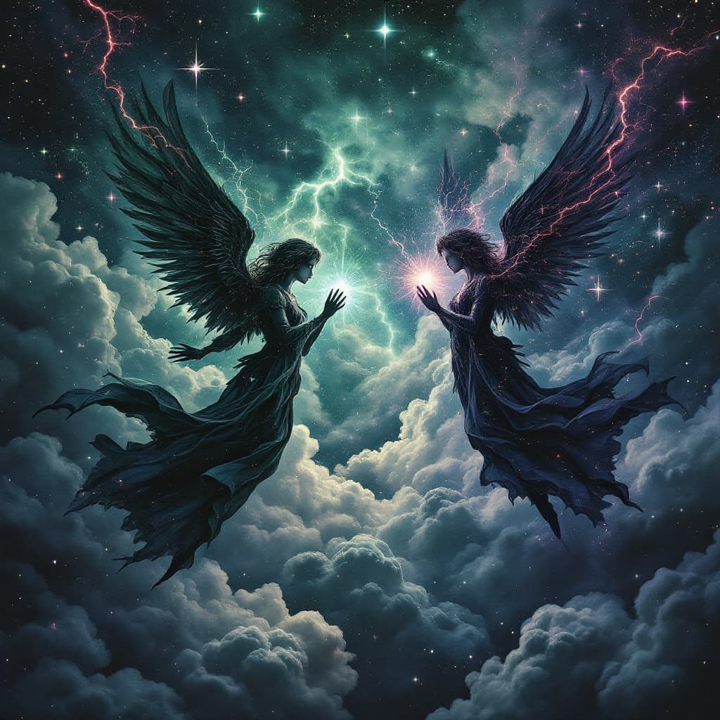 AI generated: Decoupage, beautiful dark angels, hovering in the cloudy night sky, sparkles, stars, clouds are hint...