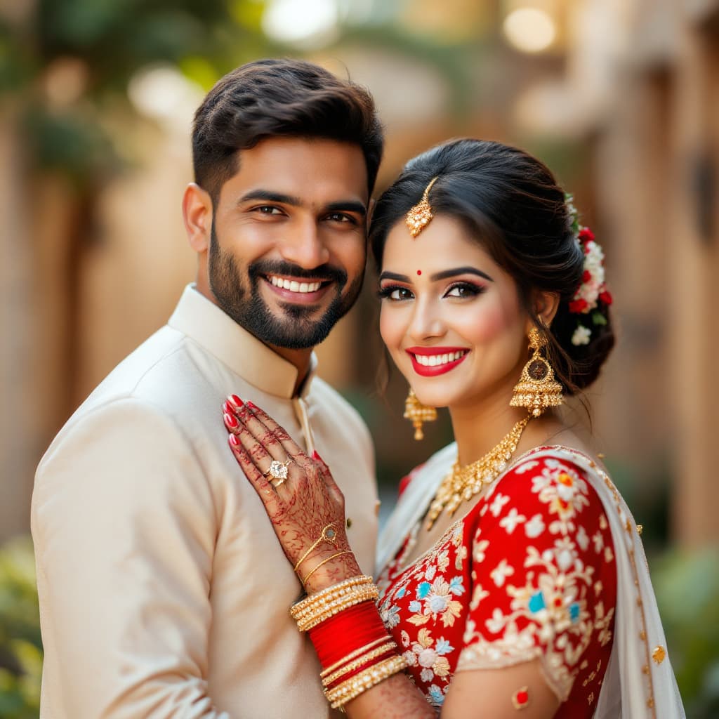 AI generated: Close-up portrait of a happy couple, likely in their late twenties.  The man, with a light brown com...