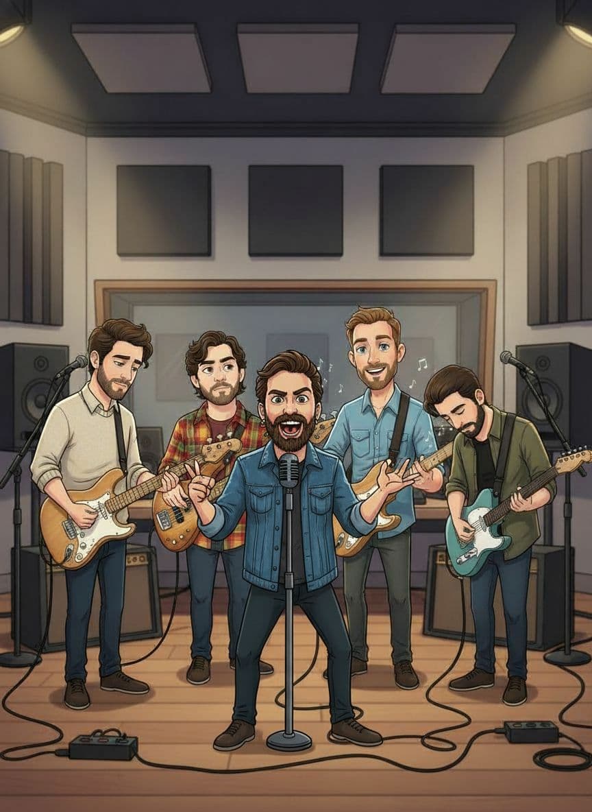 AI generated: "Add the new character from the input image to the existing group illustration as the LEAD SINGER.
...