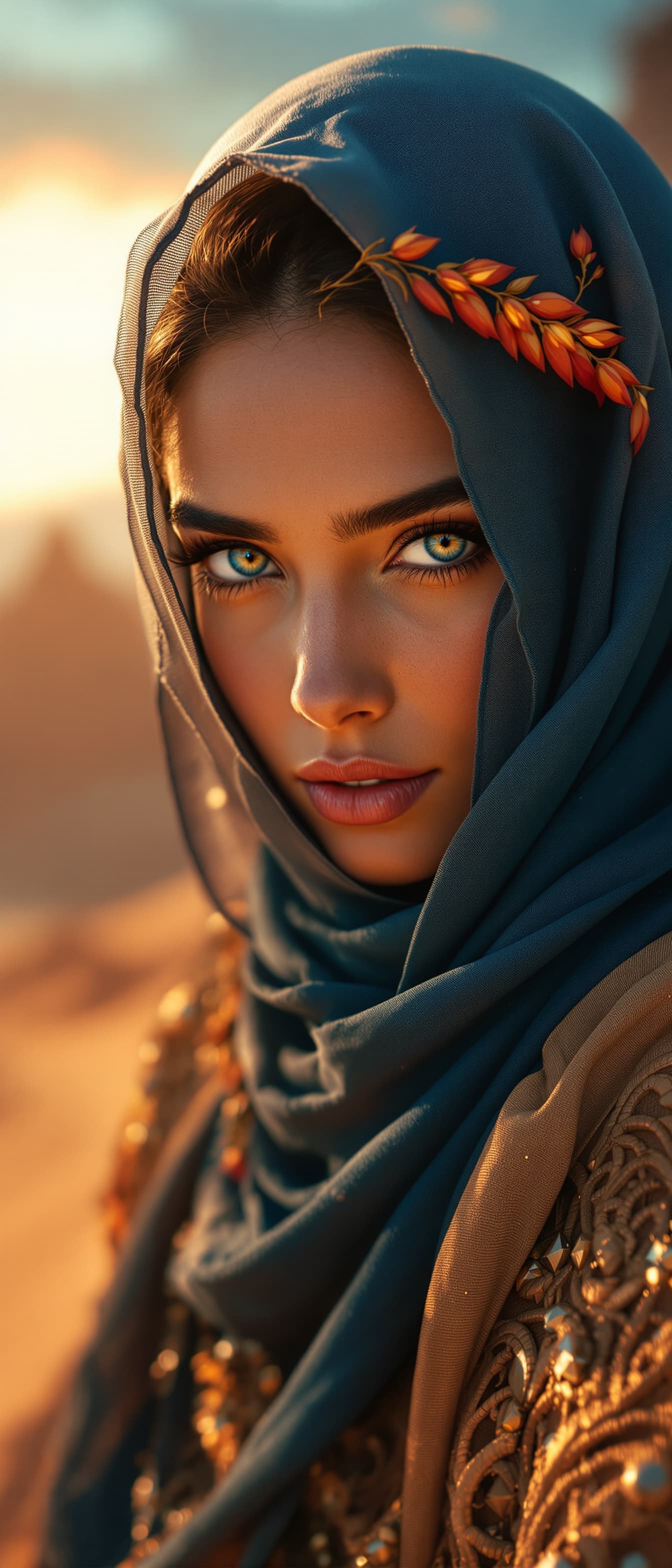 AI generated: "High definition full-height vertical photography of an Arabian woman. with vibrant blue eyes, veile...