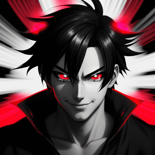 AI generated: anime man,graphic style, ,hyper resolution, pretty eyes,smile a little,glow lights black,red,and whi...