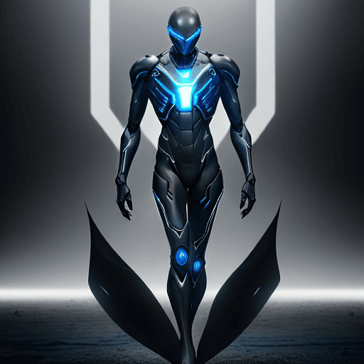 AI generated: Coal-black matte Mechanical suit, slim fit to tall human body. Clean and not many individual parts. ...