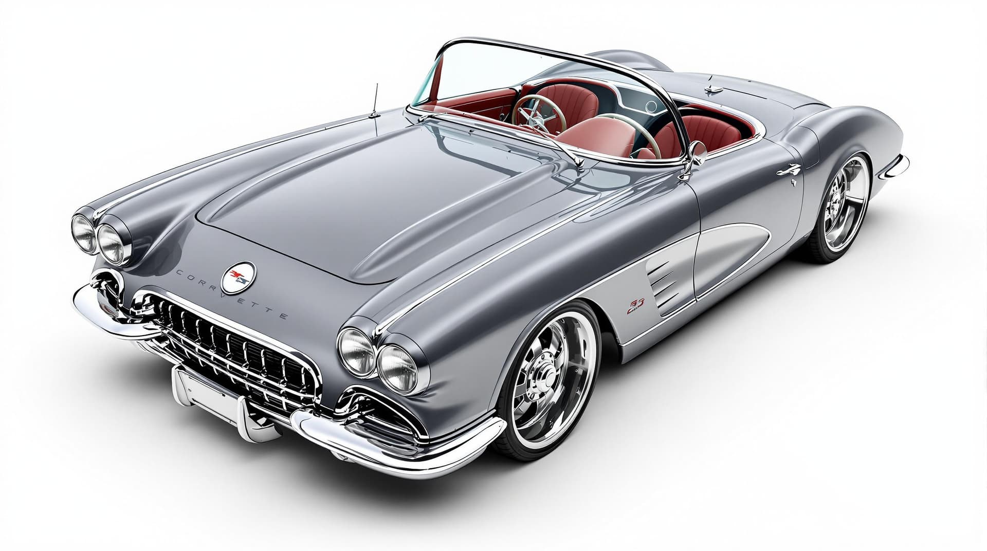 AI generated: Hyper realistic 1959 chevy corvette convertible, front side top view, gray color, restomod with 20" ...