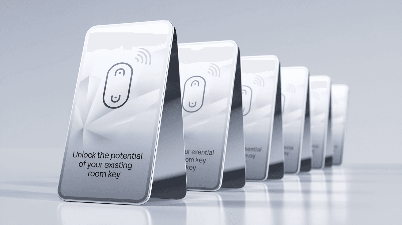AI generated: **"A set of ultra-thin, standard RFID hotel room key cards, displayed in a clean, structured left-to...