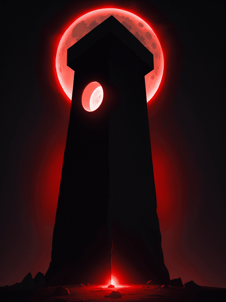 AI generated: Beneath the haunting glow of a full sun eclipse, a solitary black square monolith rises from the ear...